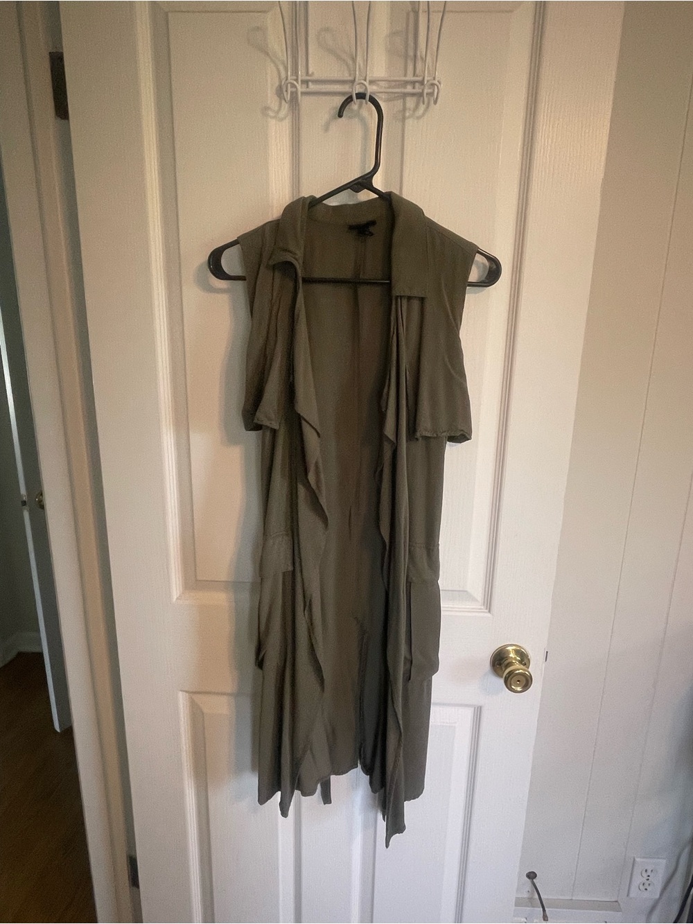 Sleeveless Asymmetrical Draped Dress Vest in Olive Green
